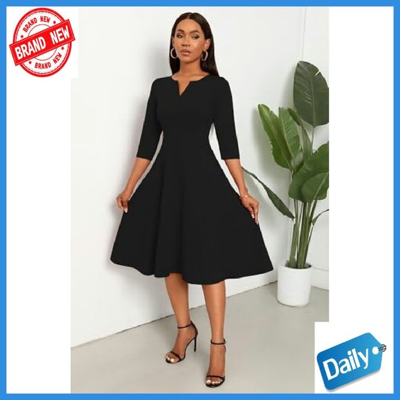 Midi A-Line Fit Flare Dress 3/4 Sleeve V-Neck with Pockets - Picture 6 of 8